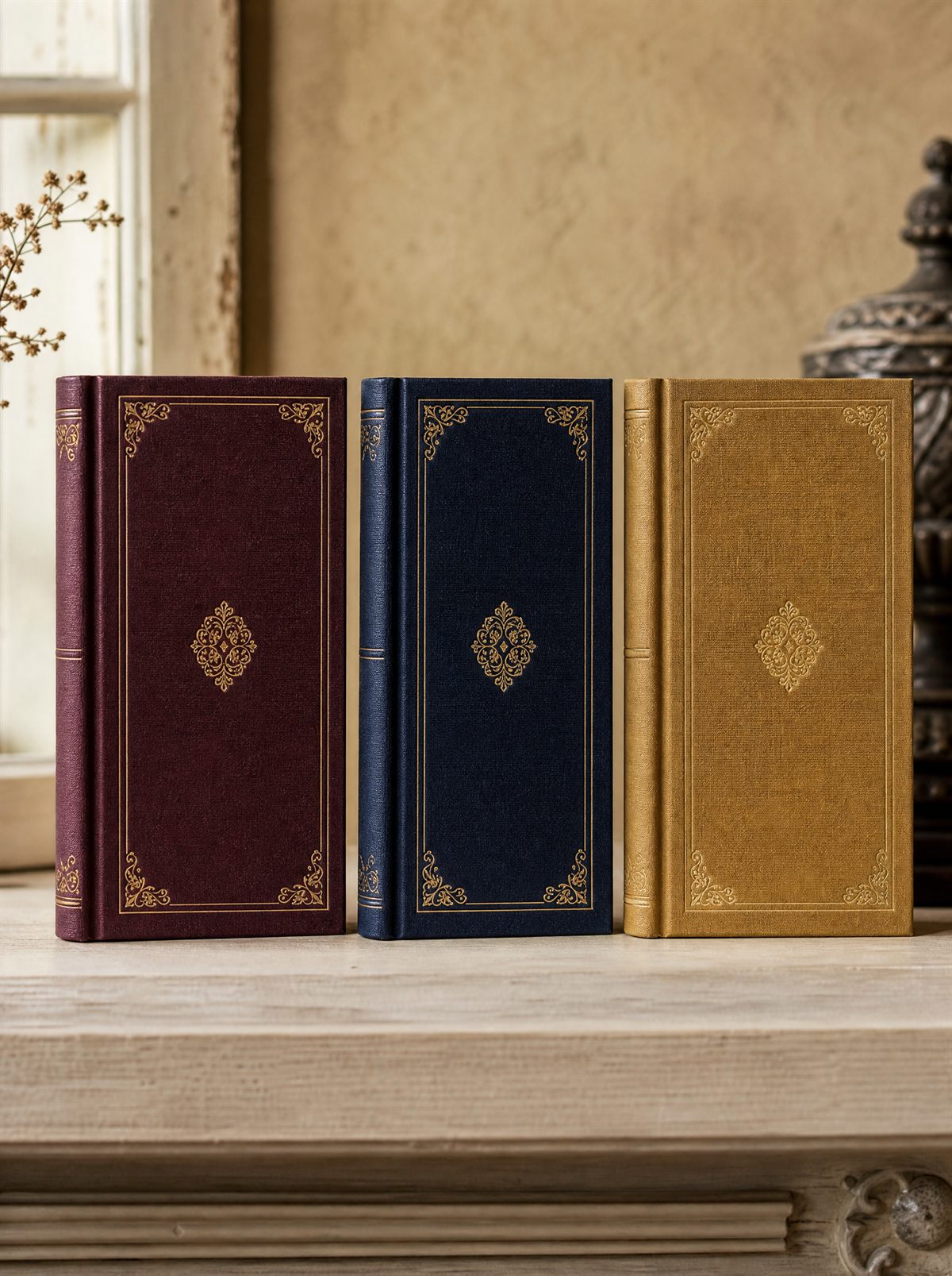 Tres libros de tapa dura en ciruela, azul noche y oro, con ornamentos dorados