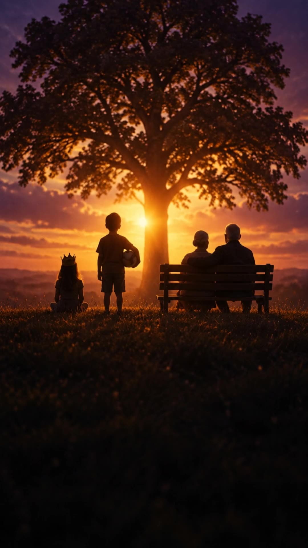Al atardecer, bajo un árbol en una colina, las siluetas de una niña con corona, un niño con un balón y una pareja de adultos mayores sentados en una banca